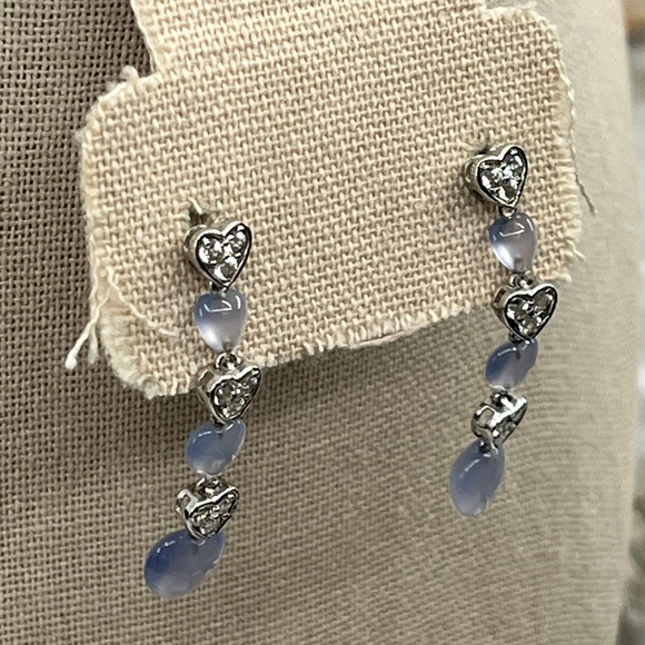 Vintage 10K White Gold Blue Chalcedony and White Topaz Heart Drop Earrings 1999 - Picture 5 of 13
